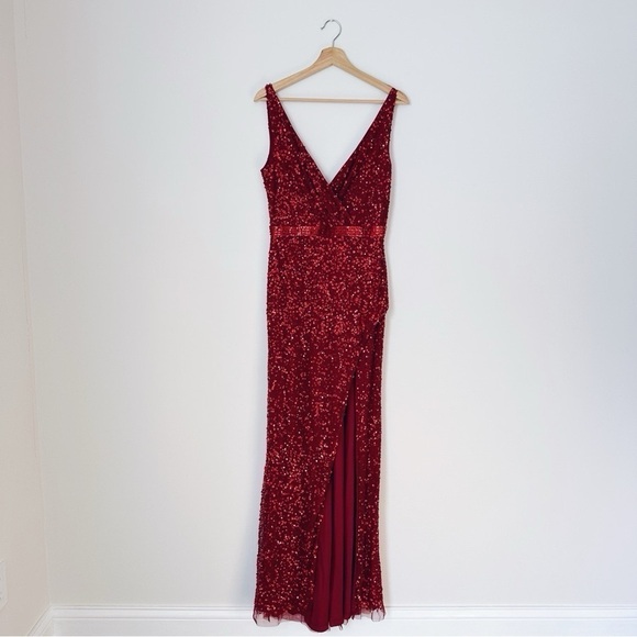 Mac Duggal Sequined Sleeveless Wrap Over Gown Dress Red - Picture 4 of 10